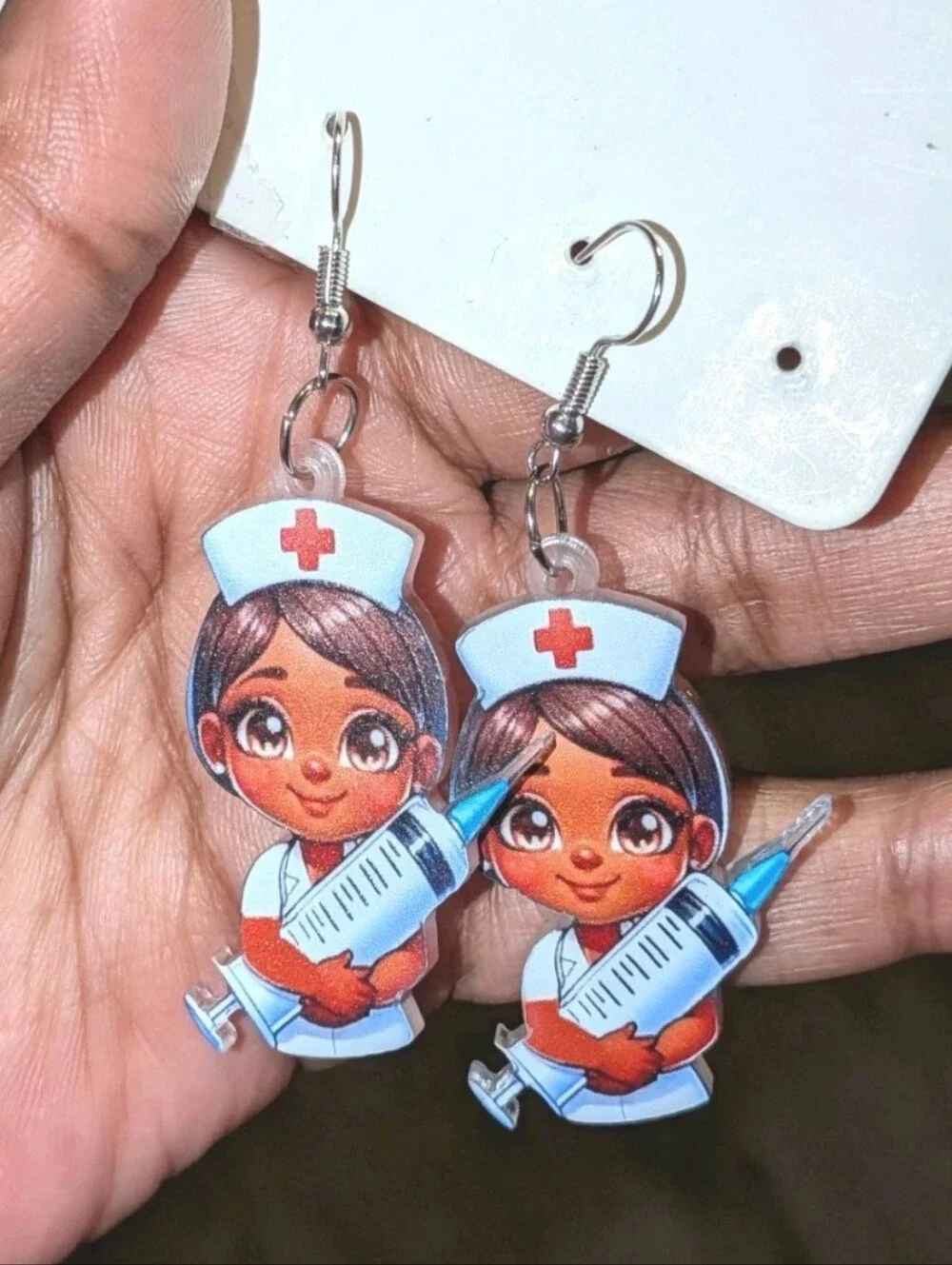 Hand Crafted Cute Nurse Acrylic Dangle Earrings - Brown Skin, White & Red